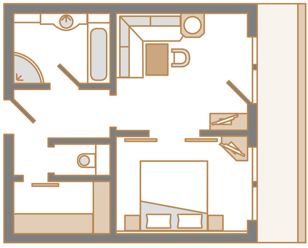 Der Grundriss zeigt eine moderne Suite mit einem Schlafzimmer, einem Badezimmer und einem Wohnbereich.