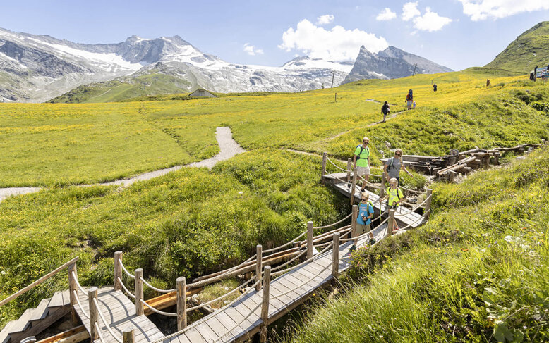 Eine Gruppe von Wanderern überquert eine Holzbrücke in einer blühenden, grünen Landschaft mit Bergen im Hintergrund.